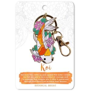 Koi Fish & Lily Pad Enamel Keychain with Key Clip - Gold Plated Nature Accessory